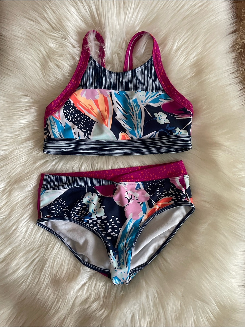 Girls Floral Navy and Pink Two-Piece Swim Set